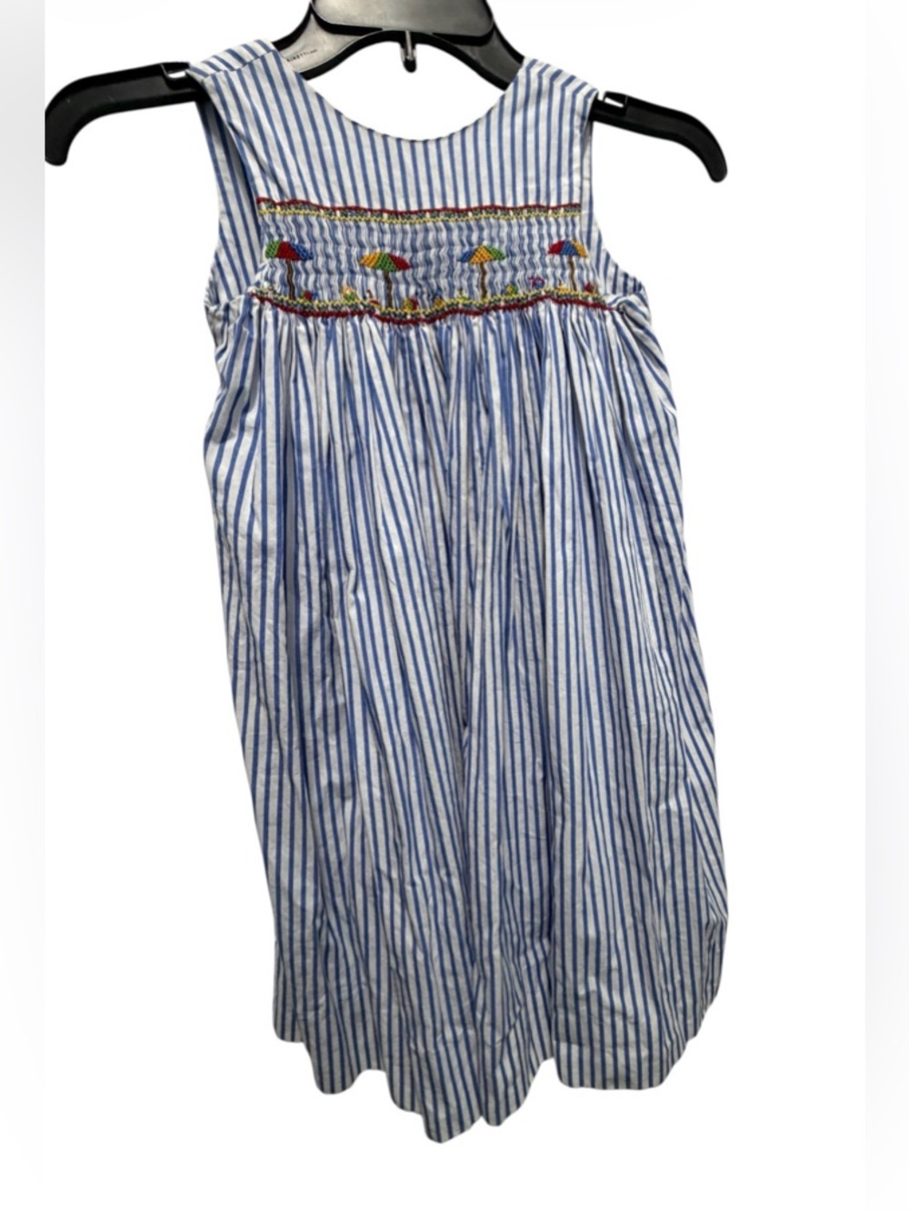 vintage style Blue Striped Dress with hand embroidered beach umbrellas size 5